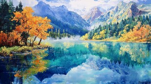 胡杨雪山蓝色湖水油画