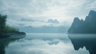 晨雾下的山水风光