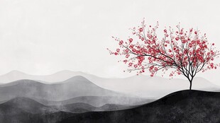 新中式泼墨红叶山水画