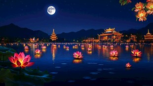 中秋节夜光荷花凉亭