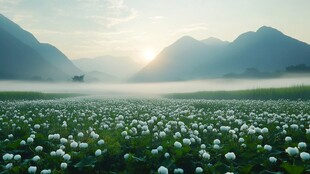 晨雾缭绕的花田