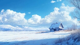 山峦小屋雪景