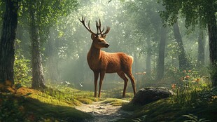 森林梅花鹿石头夜景