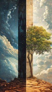 蓝天白云大树小路油画