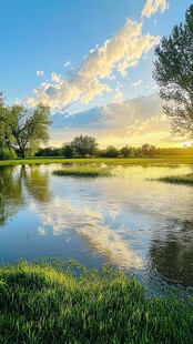 草地小河夕阳