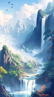 山水风景油画瀑布