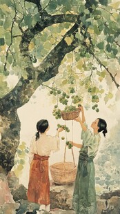 采摘农家少女插画