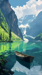 山峰湖泊河流船舶鹿