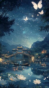 插画夜景湖泊