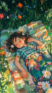 躺在树下的小女孩插画