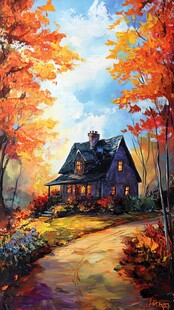 唯美秋天风景油画