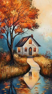 唯美秋天风景油画