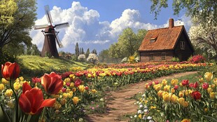 郁金香中的风车
