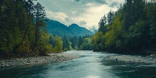 蓝天高山森林河流