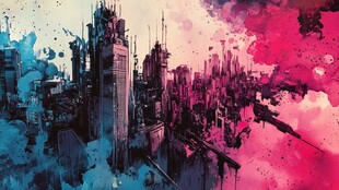 城市遮挡喷墨背景