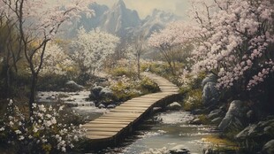 桃花风景油画