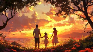黄昏下的家人