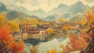 首尔彩绘山水水墨画