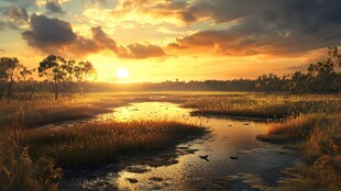 秋季河流湿地日出阳光