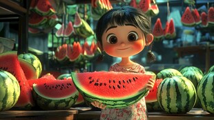 开心的抱着西瓜