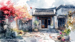 古街水彩画