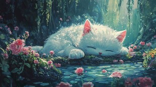 花丛边的猫咪插画