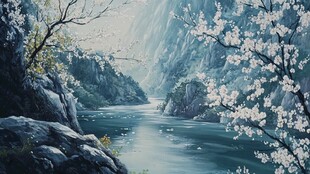 桃花风景油画