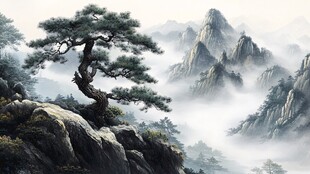 迎客松松树禅意山水