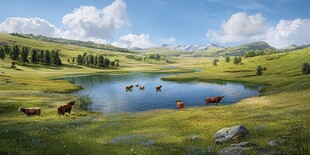 草原远山水塘牛群