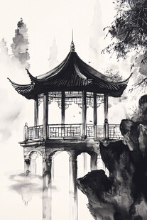 亭台楼阁意境插画