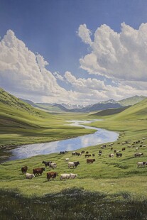 夏季草原河流牛群