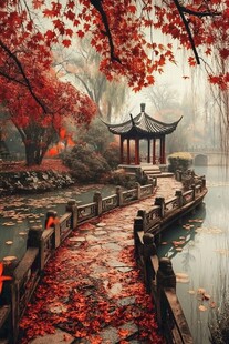 古典园林红枫季节