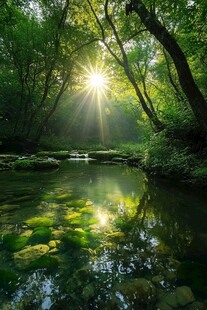 阳光照耀溪流