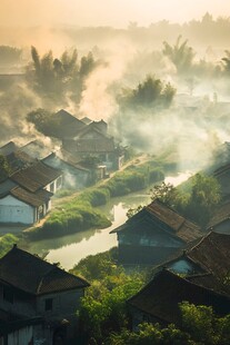 清晨晨雾河流乡村民居