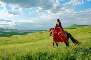 草原红衣女人