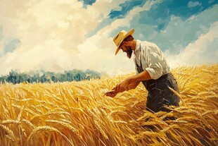 抱麦穗的农民秋收