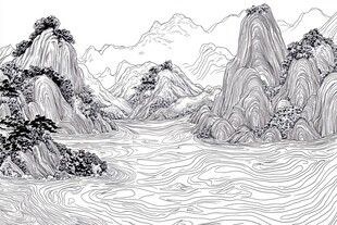 高端山水线包装插画