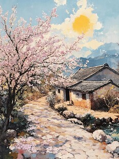 桃花风景油画