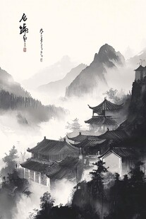 楼阁山水意境画