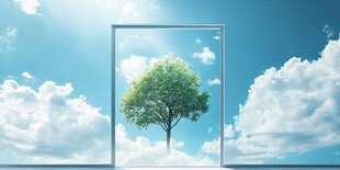 窗外蓝天白云树木