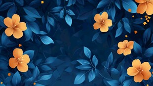 蓝橙色花艺手绘素材