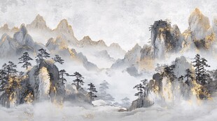 金色水墨群山背景墙