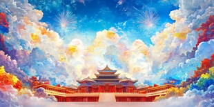 横店地标建筑山水画