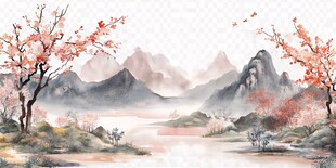 红叶古风山水画