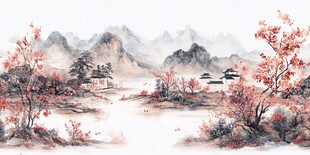 红叶古风山水画