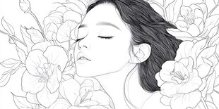 鲜花与少女线稿