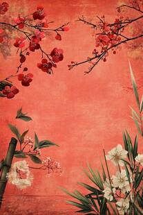 工笔手绘红墙梅花