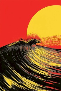 手绘海浪旭日东升