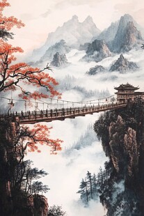 插画横店水彩水墨山水