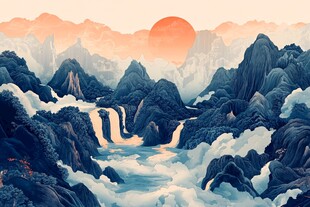 高端山水线包装插画